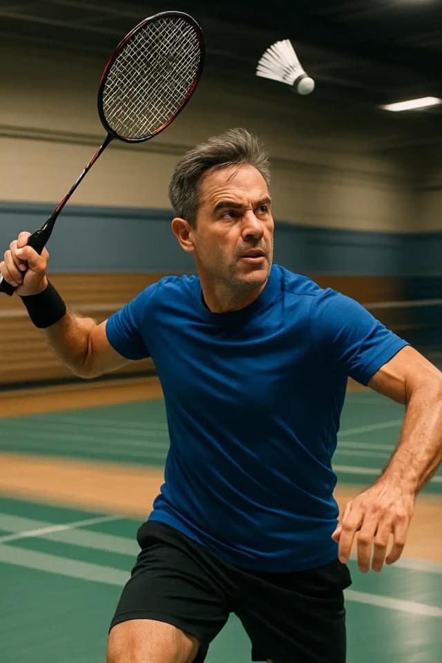Older man playing badminton